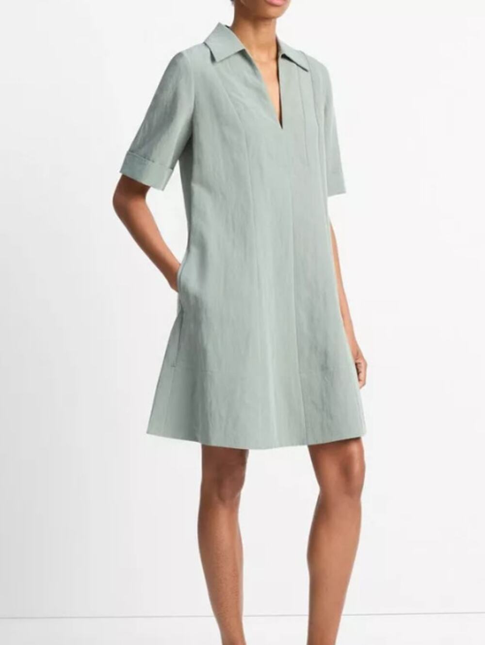 Vince Collared V-Neck A-Line Short Dress Sz S Clay Sage Green Minimalist